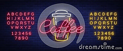 Coffee neon sign logo vector illustration, emblem in neon style, bright night sign Vector Illustration