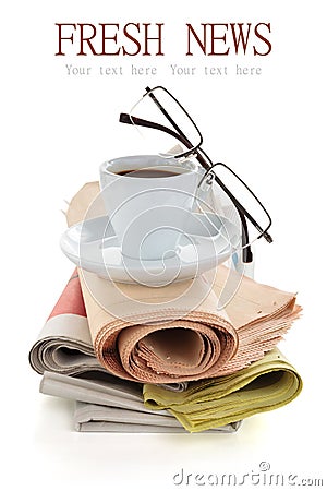 Coffee and newspapers isolated on white. Stock Photo