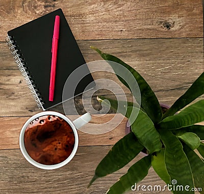 Coffee, notebook, pen and plamt Stock Photo