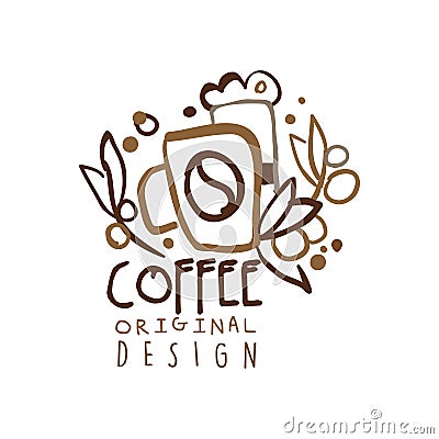 Coffee original design, hand drawn vector Illustration in brown colors, logo template Vector Illustration