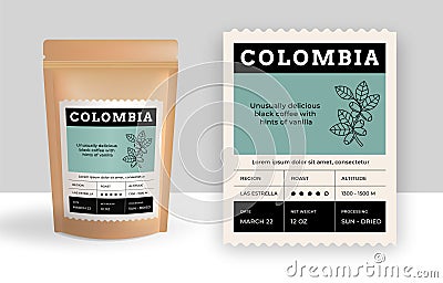 Coffee package with label. Food bag realistic mockup with product sticker. Brand paper emblem. Grid layout with place Vector Illustration