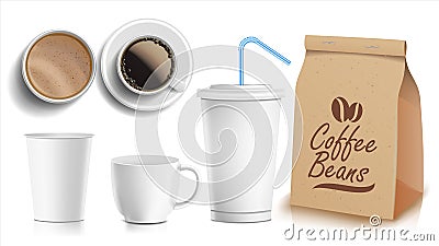 Coffee Packaging Design Vector. Cups Mock Up. White Coffee Mug. Ceramic And Paper, Plastic Cup. Top, Side View. Blank Vector Illustration