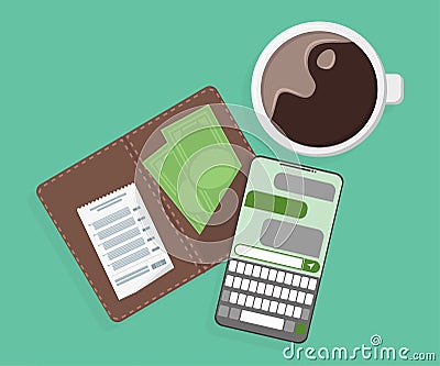 Coffee, paid bill and phone on the table Vector Illustration