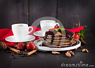 coffee and Pancake with strawberries Stock Photo