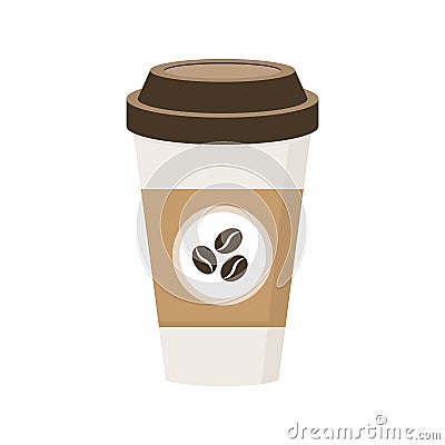 Coffee paper cup isolated on white background. Coffe icon. Takeaway energy drink. Coffee bean concept. Cappuccino long Vector Illustration
