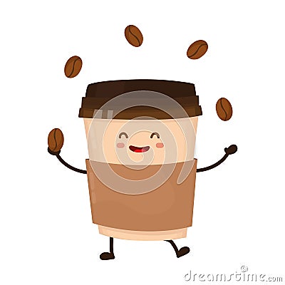 Coffee paper cup juggles with coffee beans Vector Illustration