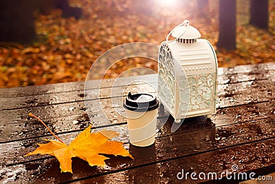 Coffee paper cup with maple leaves and candle lattern on wet wooden table outdoors Stock Photo