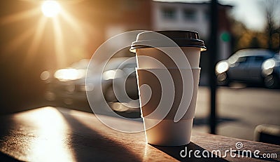 Coffee Paper cup of morning hot coffee for take away on table from cafe shop whit sunlight, calm and relax coffee, relaxation time Stock Photo