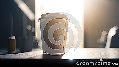 Coffee Paper cup of morning hot coffee for take away on table from cafe shop whit sunlight, calm and relax coffee, relaxation time Stock Photo