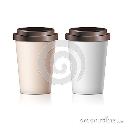 Coffee paper cup set without label. Brown plastic container for drink. Latte, mocha or cappuccino cup for cafe Vector Illustration