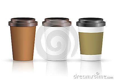 Coffee paper cup set with label. Brown plastic container for drink. Latte, mocha or cappuccino cup for cafe. Vector cover Vector Illustration