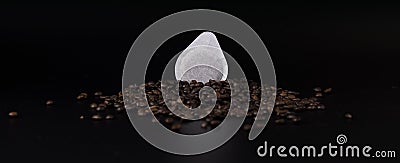 Coffee paper pod dosette for espresso laying on fresh coffee beans. Stock Photo