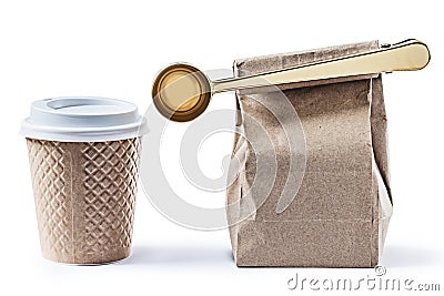 Coffee papercup and paperbag with big golden scoop isolated Stock Photo