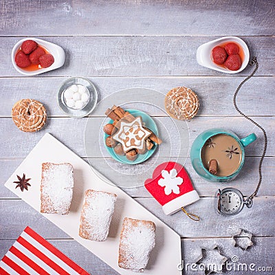 Coffee Party Time with biscuits. New Year and Christmas Decor wi Stock Photo