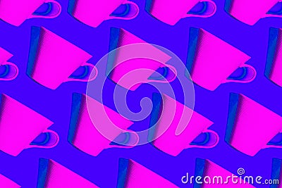 Coffee pattern of neon pink cup for coffee on bright blue background Cartoon Illustration
