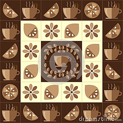 Coffee pattern tile ornament from a coffee cup, flowers, twigs, lemon slices and lemon. Vector Illustration