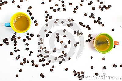 Coffee pattern with two colorful cups and beans Stock Photo