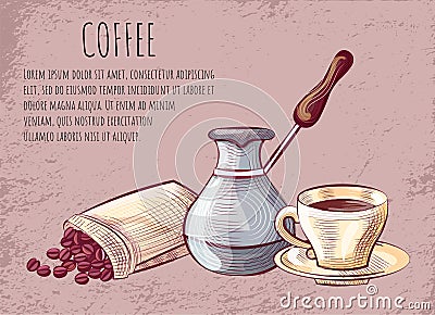 Cup of Coffee, Beans and Pot Tool, Postcard Vector Vector Illustration