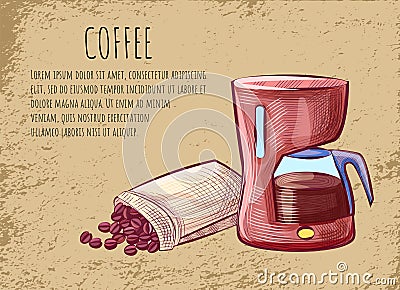 Coffee Postcard, Kettle and Beans, Java Vector Vector Illustration