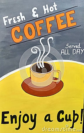 Coffee Poster.Painting.sketch.oil painting.Color and tone.Watercolor.Pastel.still life painting. Stock Photo