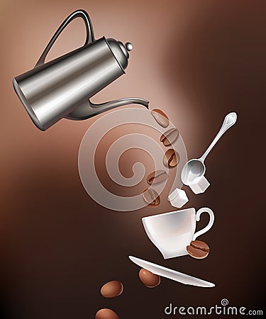 Coffee pot, beans, cup, saucer, spoon and sugar lumps Cartoon Illustration