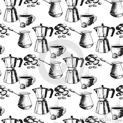 Coffee production hand drawn seamless pattern background vintage drawing drink retro cafe sketch dessert vector Vector Illustration