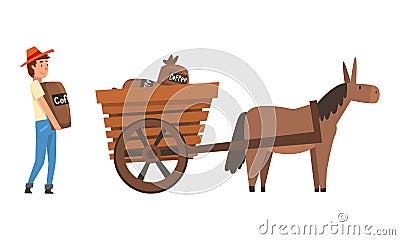 Coffee Production with Man Farmer Carrying Heavy Sack with Coffee Beans in Wagon Vector Set Vector Illustration