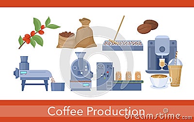 Coffee production set, cartoon process of picking harvesting, drying coffee product Vector Illustration