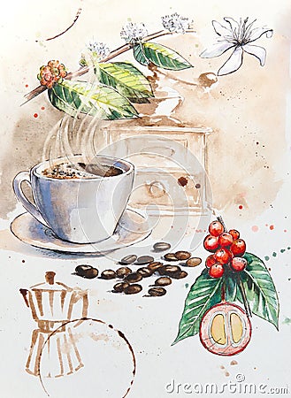 Watercolor painted illustration of coffee beverages Cartoon Illustration