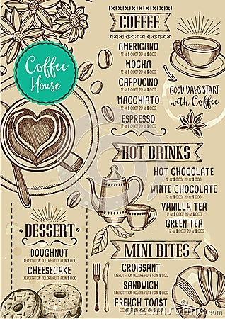 Coffee restaurant cafe menu, template design. Vector Illustration