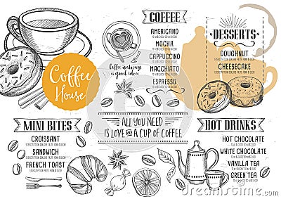 Coffee restaurant cafe menu, template design. Vector Illustration