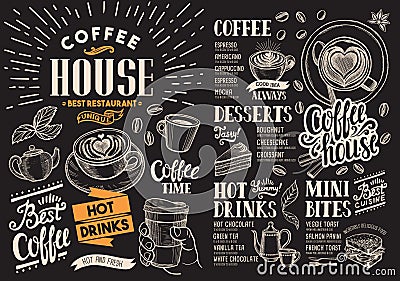 Coffee restaurant menu on chalkboard. Vector drink flyer for bar Vector Illustration