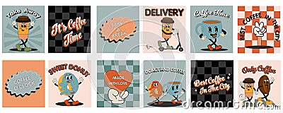 Coffee retro cartoon fast food posters and cards. Comic character slogan quote and other elements for burger bar restaurant. Vector Illustration