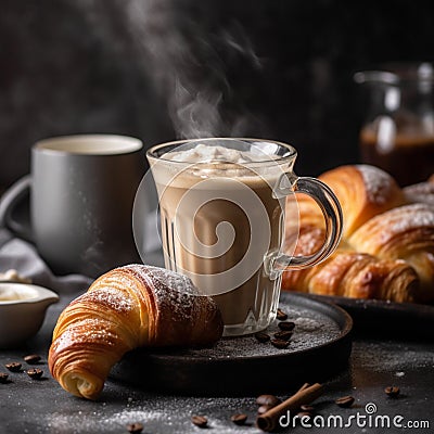 Rich and Creamy Coffee in Tall Mug with Croissants Stock Photo