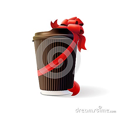 Coffee Ripple Cup with a Red Bow Isolated on White Background Vector Illustration