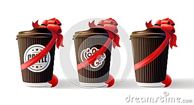 Coffee Ripple Cups with Red Bows Isolated on White Vector Illustration