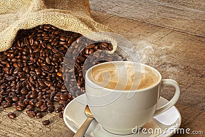 Coffee and Sack of Coffee Beans Stock Photo