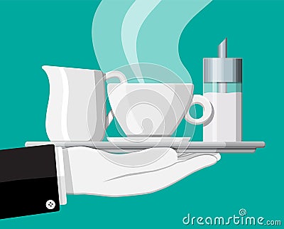 Coffee on saucer, milk jug, sugar dispenser Vector Illustration