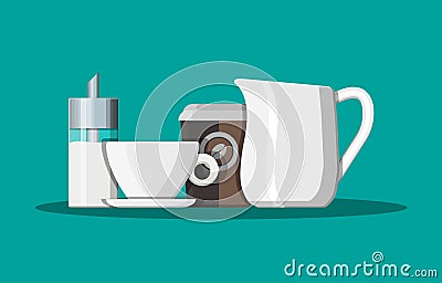 Coffee on saucer, milk jug, sugar dispenser Vector Illustration