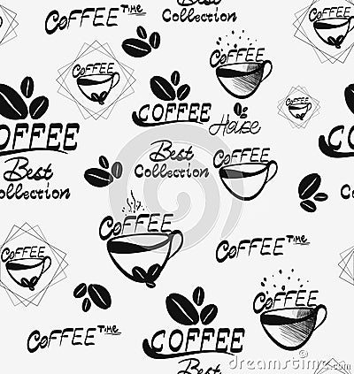 Coffee seamless pattern with brown cups of brewed , hot chocolate and creamy cappuccino, scattered over white background Vector Illustration