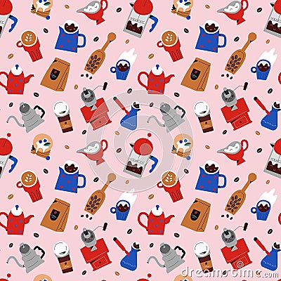 Coffee seamless pattern, vector ornament with colorful doodle illustratios of coffee shop drinks, tools and utensils Vector Illustration