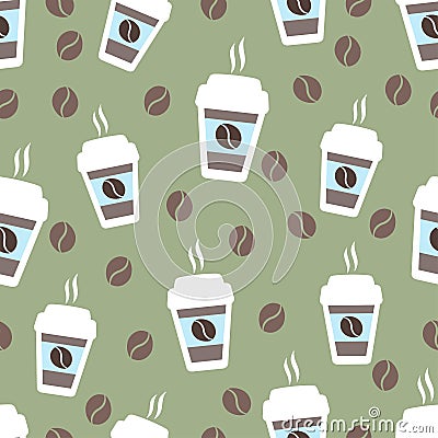 Coffee seamless pattern, vector background. Cups of and beans. For lover Vector Illustration