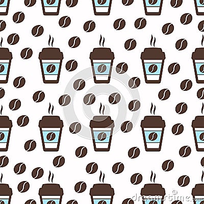 Coffee seamless pattern, vector background. Cups of and beans. For lover Vector Illustration