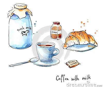 Coffee serving. Coffee and croissant watercolor sketch Stock Photo