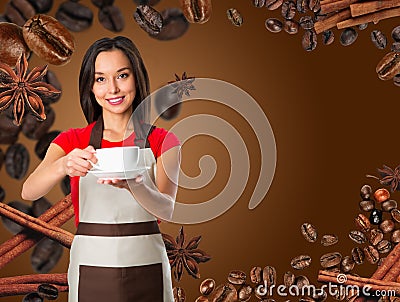 Coffee serving waitress. Young asian barista woman smiling Stock Photo