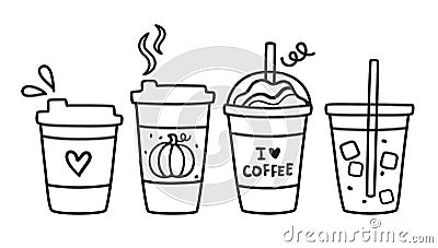 Cute Hot and Iced Coffee To Go Doodle Vector Illustration Vector Illustration