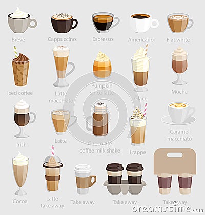 Coffee set: cappuccino,latte,macchiato and other. Vector Illustration