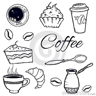 Coffee set: cezve, cup, spoon, sugar, coffee beans, cupcakes, paper cup. Sketch. Vector isolated image. Vector Illustration