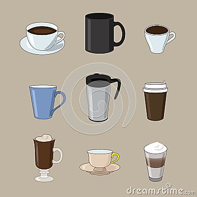 Coffee set cups of different kinds of coffee. Vector Illustration