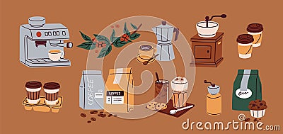 Coffee set. Machine, bags, takeaway paper cups on holder, glasses, bean grinder, berries. Caffeine drinks, espresso, cappuccino, Vector Illustration